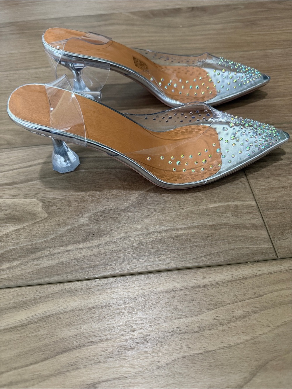 Clear Pointed Toe Slingback Heels with Iridescent Rhinestones - Picture 5 of 6